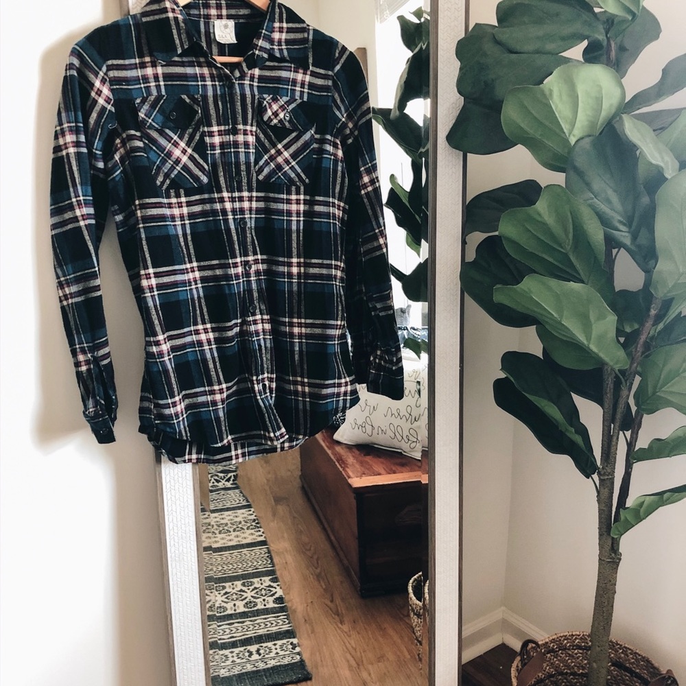 Navy and Black Long Sleeve Flannel Top